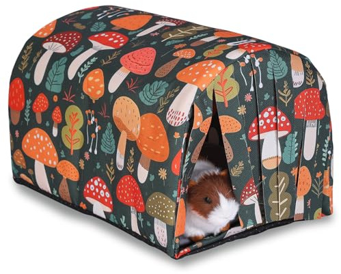 IBWell Guinea Pig Hideout Tunnel with Curtains Cute Mushroom Bunny Hideaway for Cage Accessories Washable Soft Hedgehog Hides and Houses