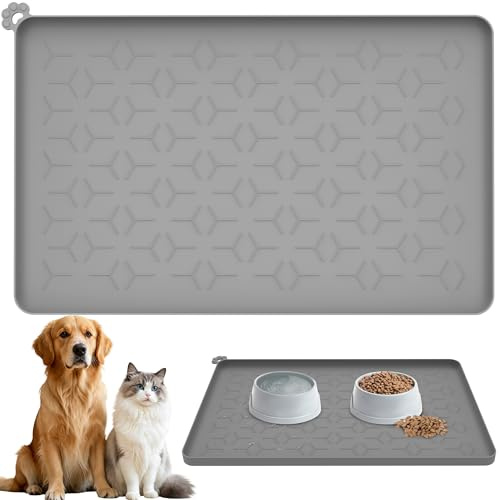 Tapis Gamelle Chat et Chien 60 * 40cm, Tapis de Nourriture pour Chien et Chat de Silicone, Tapis Gamelle Chat avec Conception Imperméable, Anti-Déversement et Antidérapante, 1,5 cm Bord Surélevé