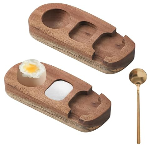 Huevera de madera, juego de 2 unidades, aprox. 15,3 x 6,5 x 2,3 cm, 3 en 1, soporte para cuencos y cucharas, hueveras con cuchara de acero inoxidable, nunca más restos de cáscara de huevo en plato o