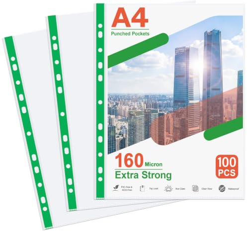 Plastic Wallets A4 Punched Pockets Heavy Duty, 160 Micron, Glass Clear | Top Loading 11-Hole Fit for Binders,Reinforced Green Spine Prevents Tearing,a4 Plastic Sleeves for Office Stationery Supplies