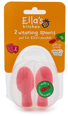 Vital Baby Ella's Kitchen Pouch Spoon Tips - Baby Weaning Spoons - Soft, Gentle and Flexible - BPA, Phthalate & Latex Free - Hygienic Travel Case Included - 4m+ - 2pk Red