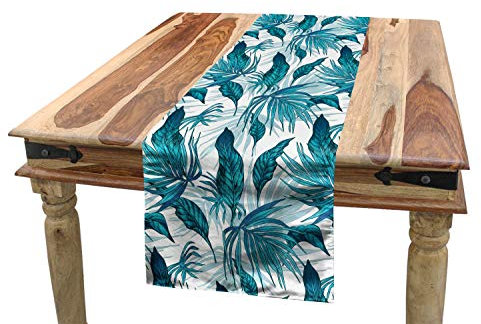 ABAKUHAUS Weinlese-Grün Tischläufer, Tropische Palmblätter, Esszimmer Küche Rechteckiger Dekorativer Tischläufer, 40 x 300 cm, Aqua Blau