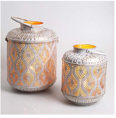 Orientalische Laterne Suraya im 2er Set in Shabby Chic Weiss Gold aus Metall Marokkanisches Windlicht stehend & hängend Tischlaterne für Ostern Muttertag Hochzeit Feier Dekoration IRL5020