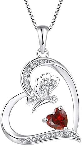 FJ Herz Damen Kette Schmetterling Anhänger Halskette 925 Sterling Silber Granat Januar Geburtsstein Kette Schmuck Geschenke für Frauen Mädchen
