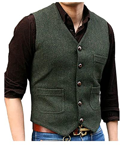 SOLOVEDRESS Mens Vintage Tweed Suit Vest V Neck Casual Wool Waistcoat for Wedding Groomsmen(Army Green,XL)