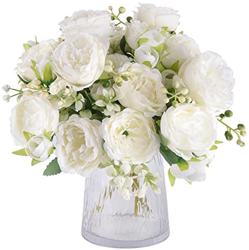 Beferr 4 Bunches Artificial Peony Flowers White Silk Peonies Flower Bride Bouquet Faux Flowers for Wedding Party Table Centerpieces Floral Arrangement Home Kitchen Decor