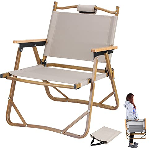 XVBVS Faltbarer Campingstuhl, Tragbarer Camping-Strandstuhl aus Holz mit Tragetasche zum Angeln, Camping, Grillen, Terrasse, Party, Küchengarten, Drinnen oder Draußen- Beige