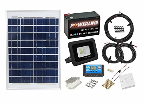 Solar Powered Lighting Kit Sheds Garage Off Grid Battery, Panel, Floodlight, Cables (20w Solar Panel, 10w 12v DC Floodlight)