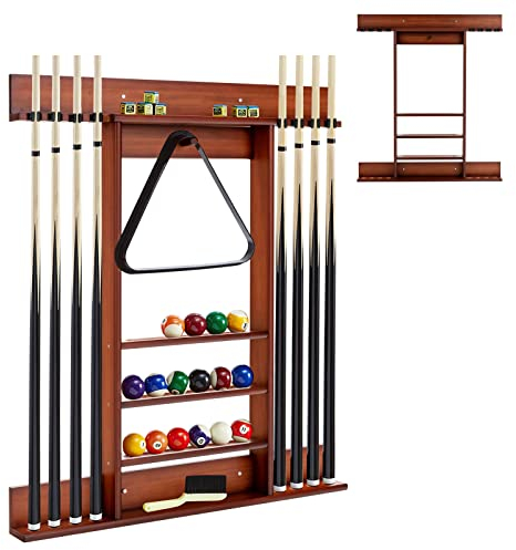 GYMAX Billard Queue Halter für 8 Queues & Billardzubehör, Wandmontierter Queueständer, Billard Queue Halterung aus Kiefernholz, für Billardzimmer & Club, 79 x 8 x 91 cm (Braun)