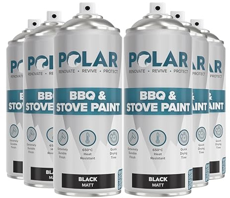 Polar BBQ & Stove Spray Paint - Matte Black - 6 x 13.5 Fl Oz - Heat Resistant Barbeque Paint - Up to 1200°C - Garden BBQ, Stoves, Firepits, Fireplaces & Metal Surfaces - Indoor & Outdoor
