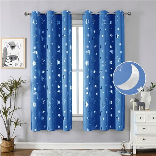 Freyamy Vorhang Blickdicht Hellblau Mond Sternenvorhänge 2 Stück,250x100cm (HxB) Niedliche Vorhänge mit Ösen Lichtundurchlässig thermovorhang kälteschutz Gardinen Lärmschutz für Kindervorhänge