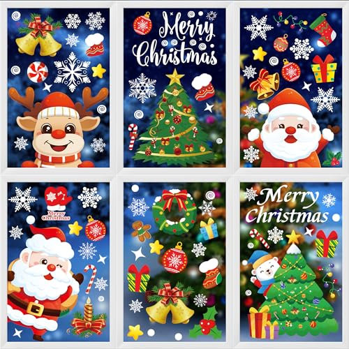 Moxled Fensterbilder Weihnachten Selbstklebend, 162 Fensterdeko Weihnachten mit Schneeflocken Weihnachtsmann Elch, Wiederverwendbar Statisch Haftende PVC Aufkleber für Fenster Tür Weihnachtsdeko