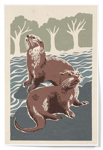 Lantern Press 12x18 Inch Art Print, Home Decor, River Otters, Woodblock Print