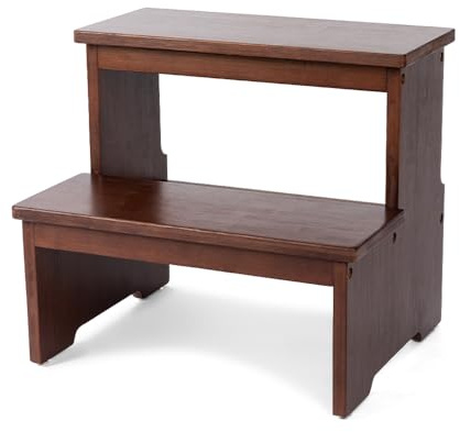 StrongTek Taburete de bambú de dos escalones para adultos y niños, taburete de cama con parte inferior antideslizante, resistente para cocina, baño, taburete de noche, escaleras de madera, capacidad