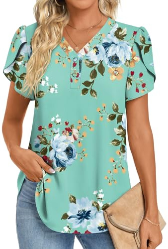 HOTGIFT Women Chiffon Blouses V Neck Petal Short Sleeve Summer Tops Mint Green X-Large