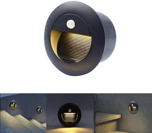 FWoche led empotrables de pared con Sensor De Movimiento, 1.5W, 3000K, IP65 Impermeable, 65mm Luces Empotrables Para Escalones, aluminio, redondas, 230V, Apliques de pared de Luces de escalera, negro