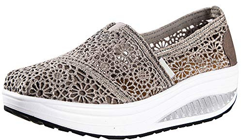 rismart Dam virkad spets slip-on kil träningsskor bekväma vardagliga promenadskor, Grå, 38.5 EU