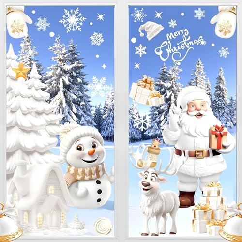 AhfuLife 9 Feuilles NoëL Autocollants Fenetre Réutilisables, 190PCS Stickers Fenetre Noël PVC avec 3D Bonhomme de Neige Mignon et Père Noël pour DIY Décor Fenêtre, Vitrines, Façades en Verre