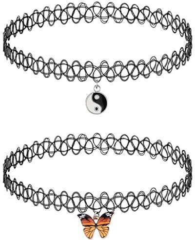 LilaLemon 2 Pcs Black Tattoo Choker Necklace Set, Stretchy Henna Jewelry 90s Choker Necklace Accessories, Black Pendant Charm for Woman Teen Girls Jewelry Gift Summer Style