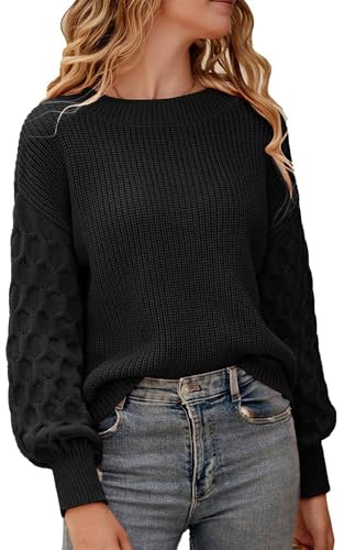 ZEAGOO Jersey de mujer para otoño e invierno, de manga larga, cuello redondo, de punto grueso, elegante, S-XXL, Negro , M