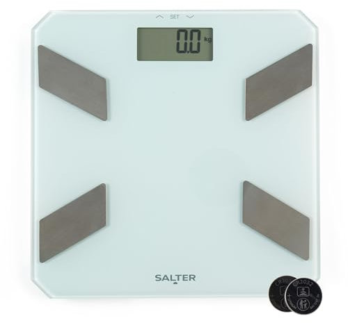 Bilancia da bagno analizzatore di vetro Salter – Bilancia elettronica digitale, peso corporeo, grasso corporeo, acqua corporea 180kg / 23st 3lb. Display LCD, Memoria per 9 utenti, Batterie incluse