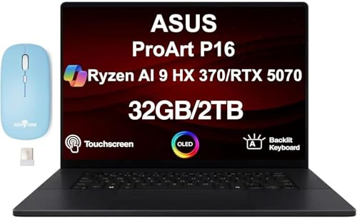ASUS ProArt P16 Creator Laptop 16.0 3K 120Hz OLED Lumina Touch Display (AMD Ryzen AI 9 HX 370, 32GB LPDDR5X, 2TB SSD, GeForce RTX 5070, Backlit KB, WiFi 7, Win 11 Pro) w/Dockztorm Wireless Mouse