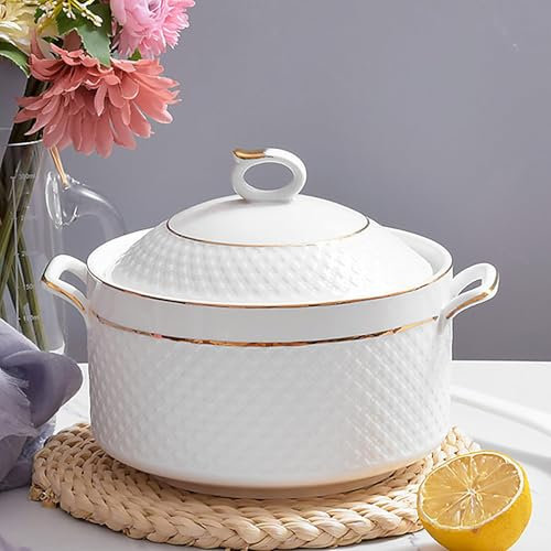 fikujap Soupière Blanche avec Doré Bord, Bol de Service de Soupe à Double Poignée avec Couvercle et Cuillère Vaisselle en Porcelaine Tendre,2.2L