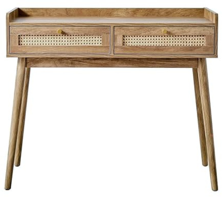 Calicosy - Consola de entrada de 2 cajones - Fachadas de ratán natural y botones dorados - Patas de madera Decoración Roble - Colección Palmo - Salón, Entrada - L 100 x D 35 x H 85,2 cm