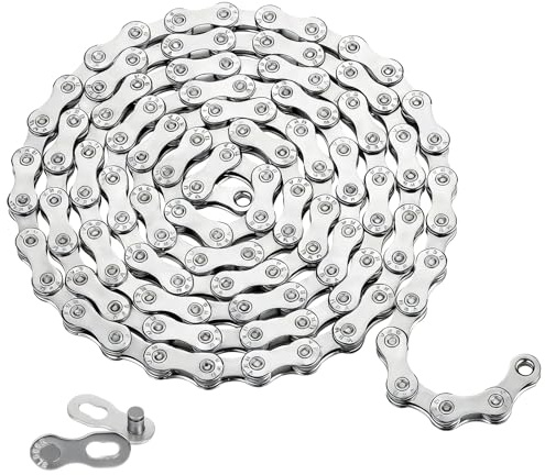 Chaîne de Vélo 9 Vitesses, 116 Maillons, Compatible avec Shimano et avec SRAM, Chaîne de Transmission Robuste Entièrement Argentée en Acier au Carbone, Adaptée pour VTT et Vélo de Route