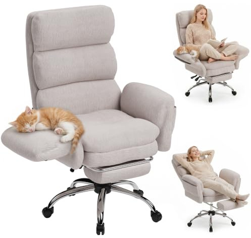 Executive Office Chair, Big and Tall Ergonomic Desk Chair with Foot Rest | Wide Seat Cross Legged Chair, Flip-Up Armrests & Adjustable Headrest, High Back Velvet Reclining Home Office Chair, Beige