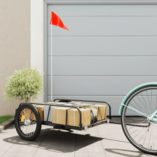 Runheo Remolque de bicicleta negro de hierro 135 x 70 x 37 cm, robusto, plegable, con acoplamiento y bandera de seguridad, ideal para transporte, uso diario, excursiones, compras, exteriores y