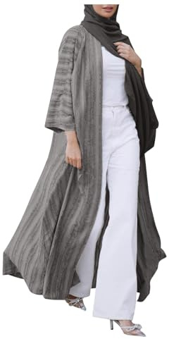 Muslimsk klänning mode Abaya kimono cardirock med ränder etnisk kofta kaftan med fickor 2026, silver, S