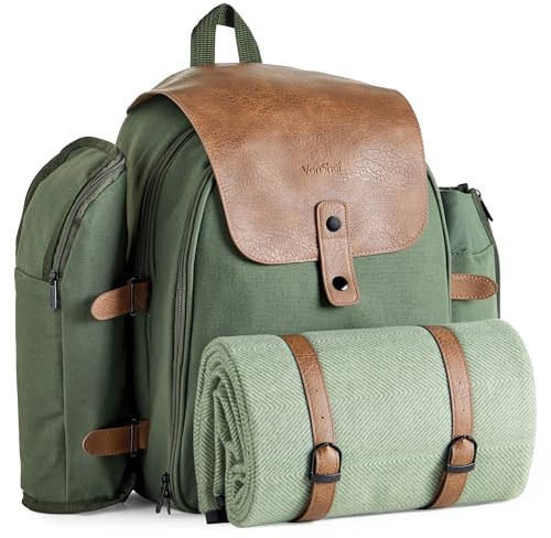VonShef Picnic Backpack, 4 Person Green Adventure Bag with Full Dining & Cutlery Set, Insulated Cooler Compartment & Large Waterproof Picnic Blanket, Lightweight Water Resistant Camping Accessories