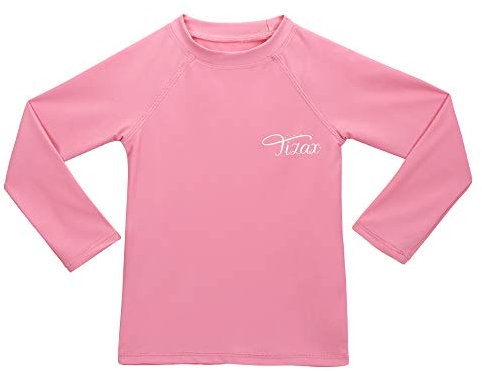 TIZAX Mädchen Langarm UV Badeshirt Kinder Sonnenschutz Schnelltrocknend Schwimmshirt Badebekleidung Rashguard Rosa 9-10 Jahre/134-140