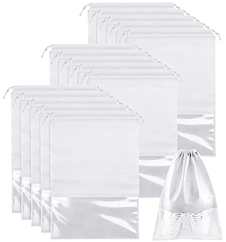 15 PCS Travel Shoe Bag, Large Portable Drawstring Shoes Storage Bags Non-Woven Dust Proof Pouch Space Saving Organizer with Transparent Slot for Men Women Daily and Travel Use (White)