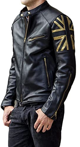 Giacca da motociclista in vera pelle da uomo, con bandiera britannica e bandiera britannica, stile vintage, colore: nero, Nero , XL