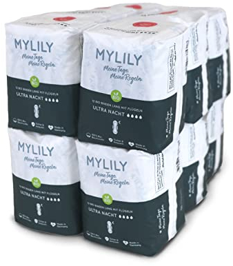 MYLILY® Damen Binden Bio Nacht (12x12 Stück) I 100% Bio-Baumwolle | Binden Atmungsaktiv | Binden Menstruation | Binden Damen starke Blutung | Binden mit Flügel I Organic Binden
