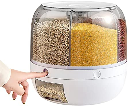 Asarly Distributeur de nourriture rotatif à 6 compartiments, distributeur de riz sec en un clic, pour organiser et stocker des aliments en plastique avec des liquides durables, idéal pour céréales,