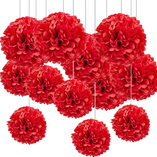 Lot de 12 Pompons Papier de soie Rouge pour Décoration Suspendre de Plafond de Fête