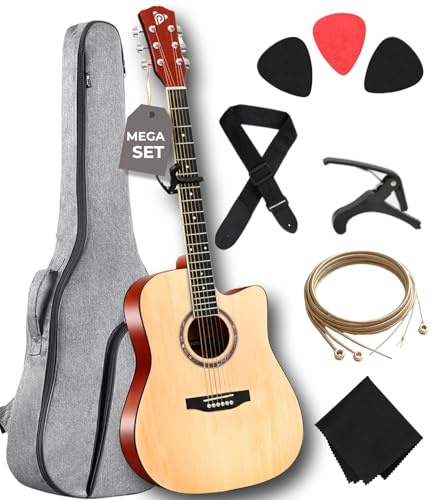 Pyle Beginner Acoustic Guitar Kit - Full Size 41â Cutaway Dreadnought Natural Matte Finish w/ Upgraded Gig Bag, Tuner, Steel Strings, Picks, Strap, Capo, For Beginners/Adults - (Natural, Premium Kit)