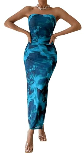 PRETTYGARDEN Women's Summer Wedding Guest Dress Strapless Tube Top Maxi Bodycon Long Floral Mesh Beach Vacation Party Dresses (Print Lake Blue,Small)
