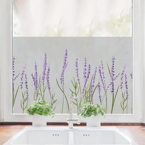 Sichtschutzfolie mit farbigem Lavendel Fensterfolie Fensterdeko Milchglasfolie Sichtschutz Wiederverwendbar, 100 cm hoch, 65 cm breit