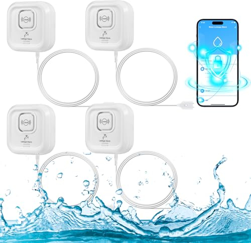Detector de Fugas de Agua WiFi, 100dB Alarma Sensor de Agua y de Tuya App, 3 Tipos de Detección Detector Inalámbrico con Desmontable 105 cm Cable de sonda Prolongado para Casa Cocina, Baño (2,4G)