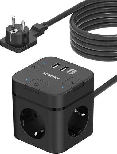 6 in 1 Steckdosenwürfel mit USB C, 3 Fach Cube Steckdose Steckerleiste Flachstecker mit Einzeln Schaltbar, Mehrfachstecker Würfel mit 4M Kabel für Büro Hause Reisen (Schwarz)