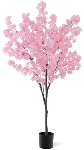 COSTWAY 190cm/6.2ft Tall Artificial Cherry Blossom Tree, Realistic Fake Blooming Flower Tree with 1170 Pink Flowers and Nursery Pot, Decorative Faux Floral Potted Plant for Office Home Wedding (1)