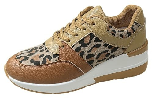 Baskets Femmes Compensées Imprimé léopard Cuir Mode Chaussures De Sport Course Extérieur Antidérapant Tendances Jogging Sneakers Confortables (Brown, 39)