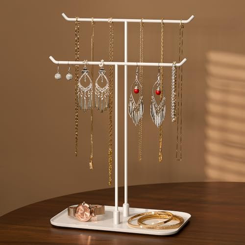 Josmimic Necklace Holder jewellery Stand Organizer for Necklaces and Bracelets, Metal Display Stand, Gift for Women, Ideal for Home, Bedroom, or Vanity, White