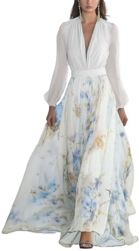 Minetom Donna Vestiti Lunghi da Matrimonio Elegante Collo V Vestito A Pieghe Stampa Floreale Chiffon Abito Maxi Damigella Sera Cerimonia A Bianco M