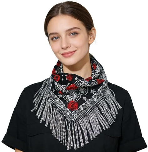 Vintage Cotton Rhinestone Fringe Bandana Turban Romantic Floral Cowgirl Disco Head Scarf Neckerchief with Bling Tassels for Women Girls Bachelorette Halloween Costume Parties Props