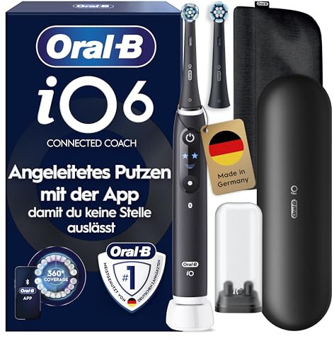 Oral-B iO Series 6 Elektrische Zahnbürste — Electric Toothbrush inkl. 2 Aufsteckbürsten, Reise-Etui — 5 Putzmodi für Zahnpflege, Zahnbürste Elektrisch, Designed by Braun, Schwarz